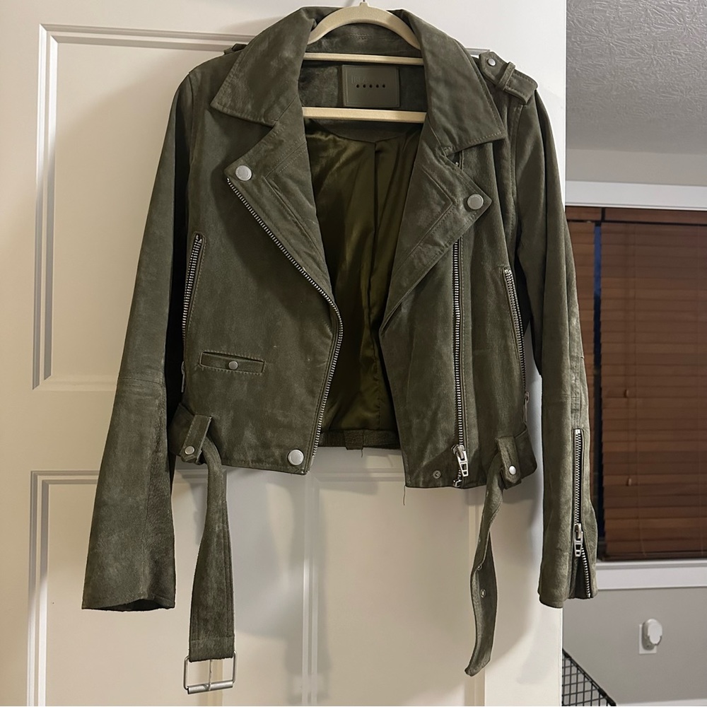 Blank NYC suede moto jacket, herb (olive green), size medium